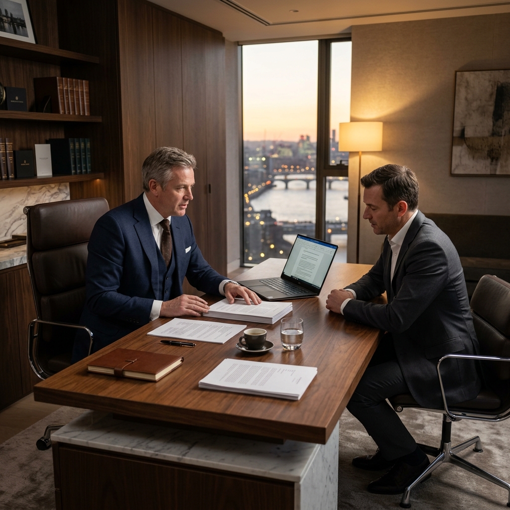 Escritório corporativo de advocacia com advogado e cliente