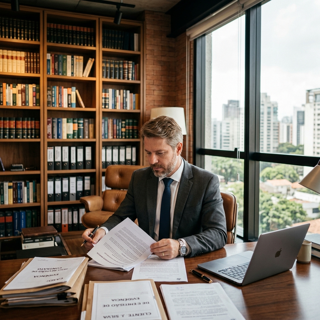 Advogado analisando documentos em escritório moderno